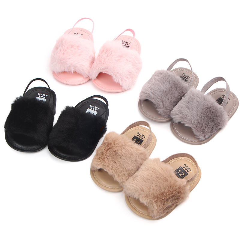Wholesale Infant Fur Sandals Summer Girl Fancy Cute Baby Furry Slippers 0-1 year old elastic sandals