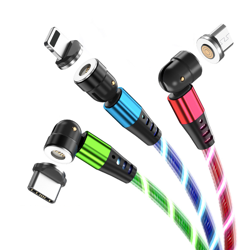 360 Вращающийся на 540 градусов светящийся потоковый светильник USB Type C светодиодный магнитный Дата-кабель для зарядного устройства мобильного телефона