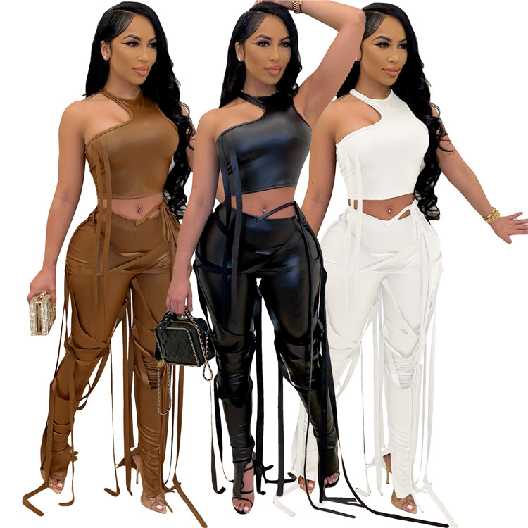 OR012022 2021 new arrivals with strings 2 piece leather pants set made in China