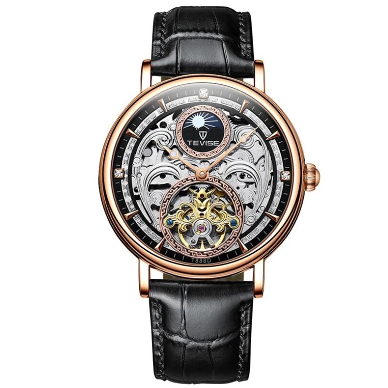 TEVISE T888D new arrival black mens mechanism watch creative PU leather strap Waterproof automatic character business wristwatch