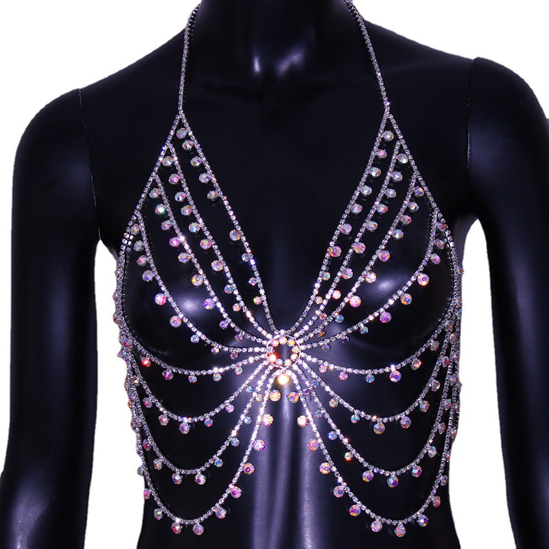 Layered AB Color Rhinestone Bra Chain Body Jewelry Adjustable Sexy Lingerie Metal Body Chain for Women Bikini Beach Jewelry