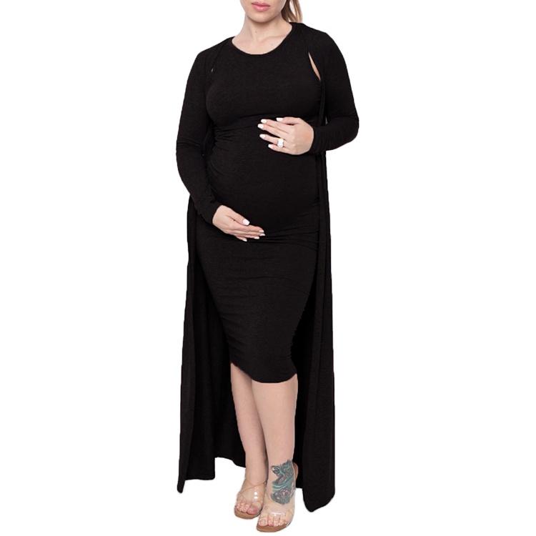 Custom dresses women pregnant maternity winter round neck midi dress and slim sleeve cardigan sets