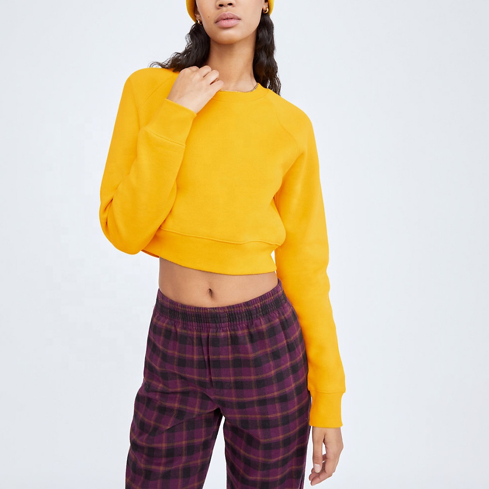 2021 popular Ribbed neckline cuffs hem yellow plain crewneck crop tops sweatshirt