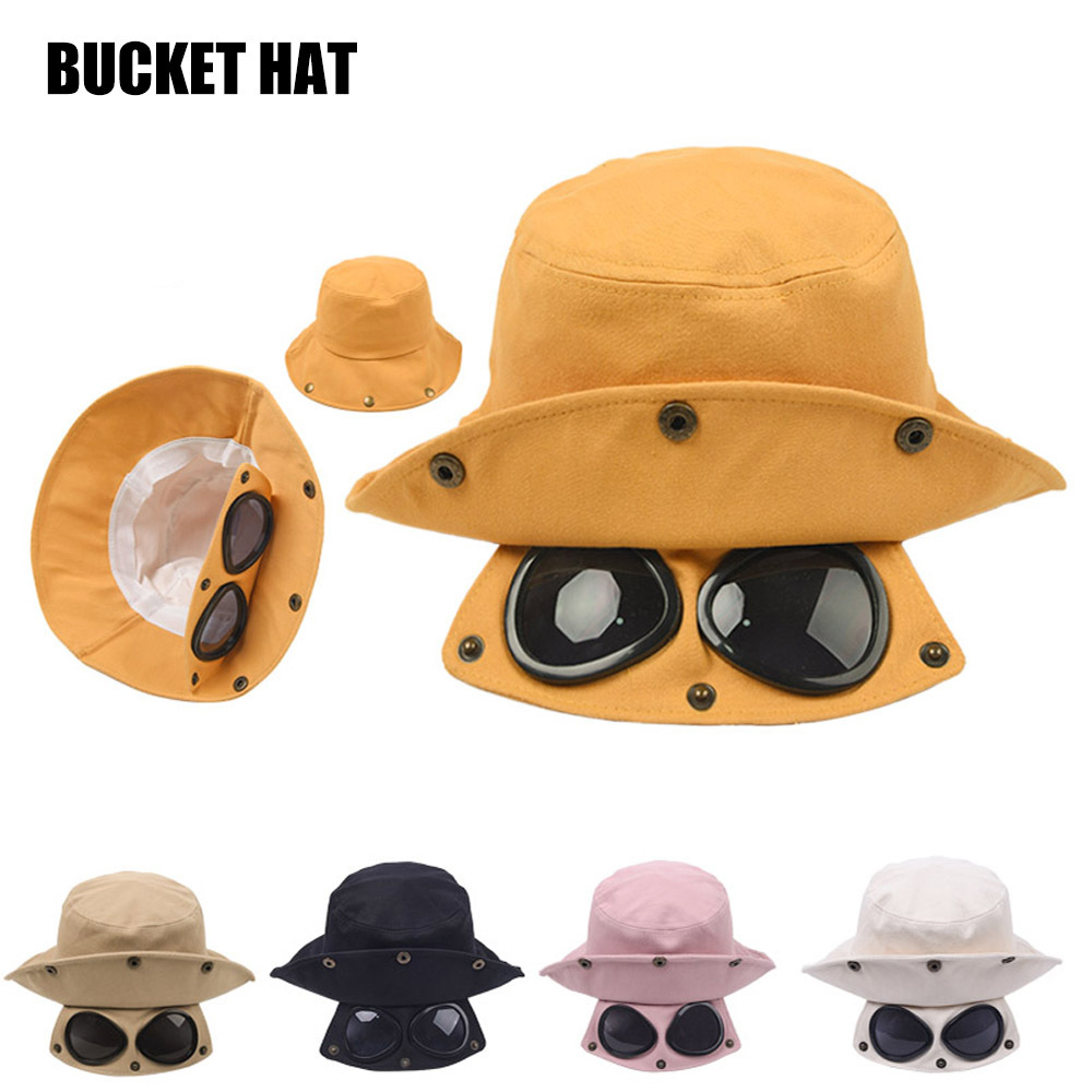Fashion Hip Hop Goggles Aviator Glasses Fisherman Foldable Cotton Bucket Hat with Sunglasses