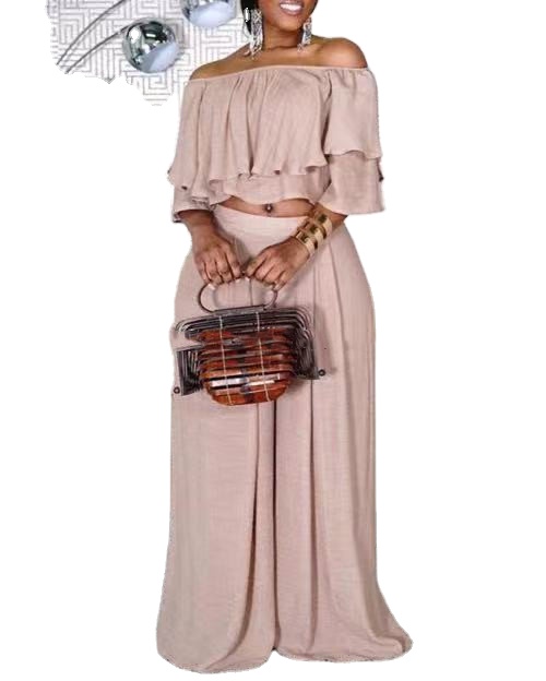 S-5xl Plus Size Off The Shoulder Ruffled Top And Wide Leg Pants Set 2 Piece Women Fall 2022 Clothes