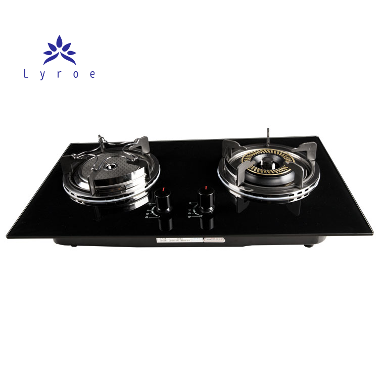 Lyroe Home Tempered Glass Crystal Panel Double Burner Blue Flame Infrared Ceramic Burner Gas Cooktops Stove With Metal Knob