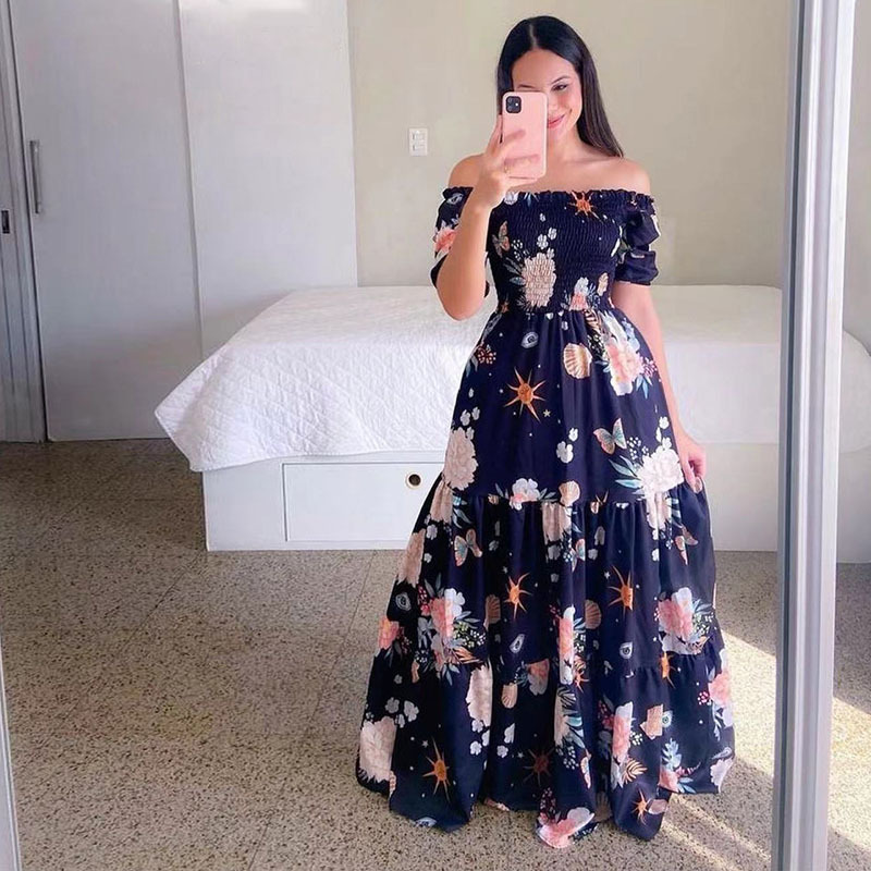Fashion Ladies Long Summer One-shoulder Floral Dress Women Clothing Casual Dresses Women's Maxi Dresses