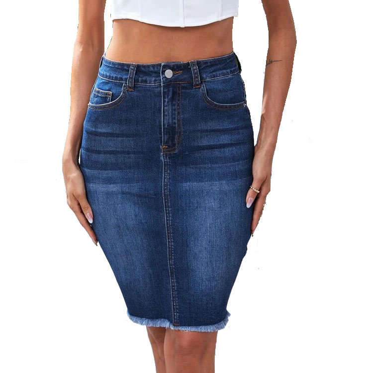 Women's Bodycon Frayed Midi Denim Pencil Skirt Jeans Denim High Waist Midi Knee Length Skirt