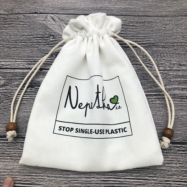 White Custom Drawstring Linen Cotton Pouch Bag with Wooden beads