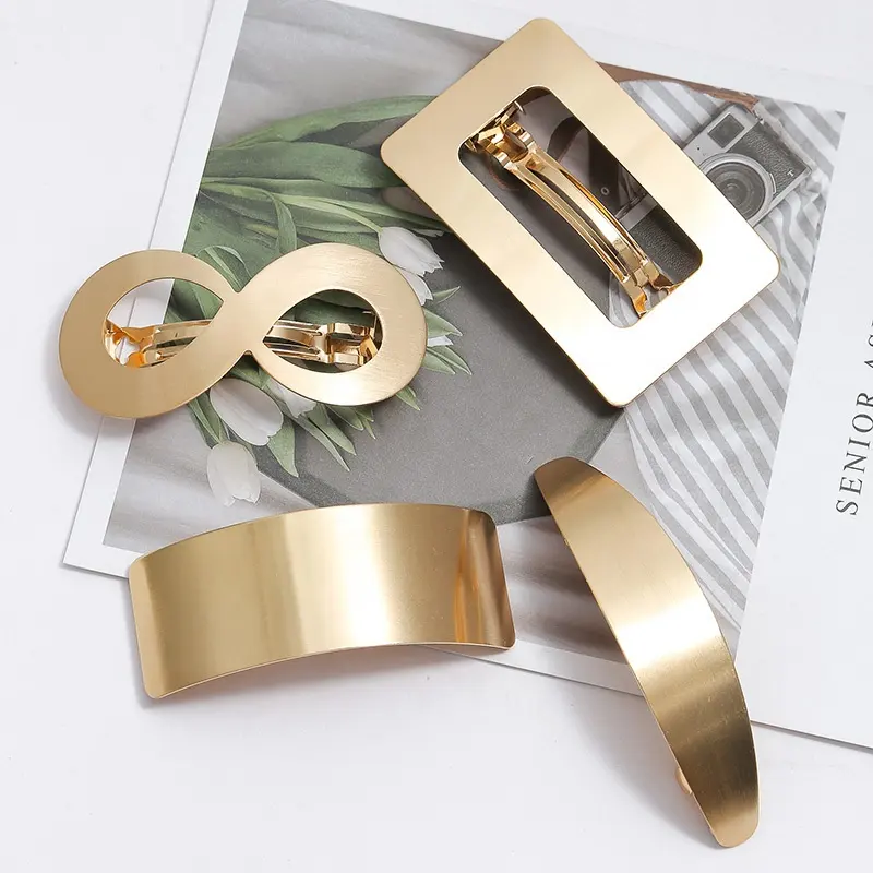 Gold geometry metal barrette for thick hair women Spring clip hairpin tail clip