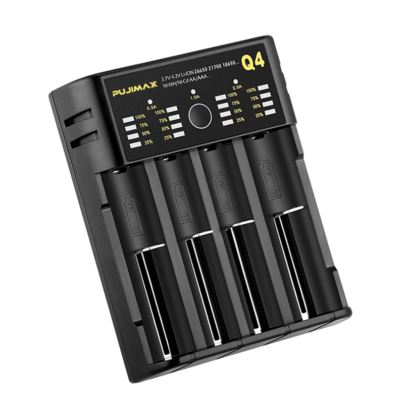 PUJIMAX Smart 4 Slots Adjustable Battery Charger 18650 26700/26650/26500/21700/22650/22500/18700 Li-ion Battery Charging Station