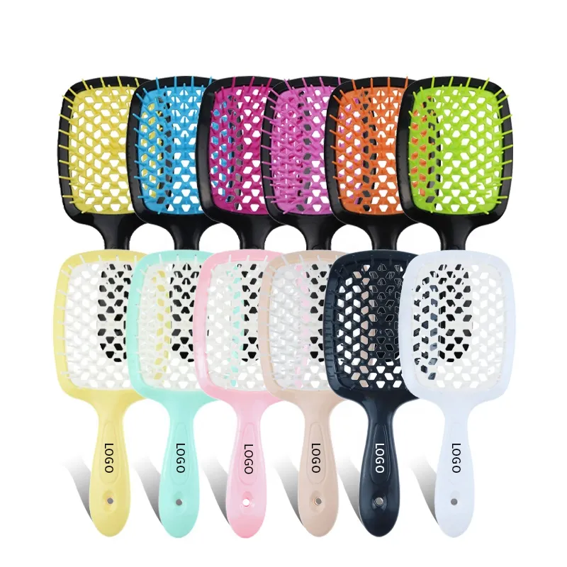 12 color customize logo hair brush Hollowed-out scalp massage comb hair brush ABS Detangling Vent Shower Hair Brush