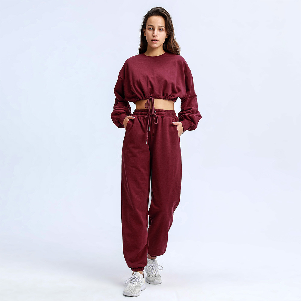 Casual Sportswear Set Cotton Solid Winter Fall Hoodie Sweater Trousers Women's Active Wear Workout Pockets Sweatpant Tracksuits