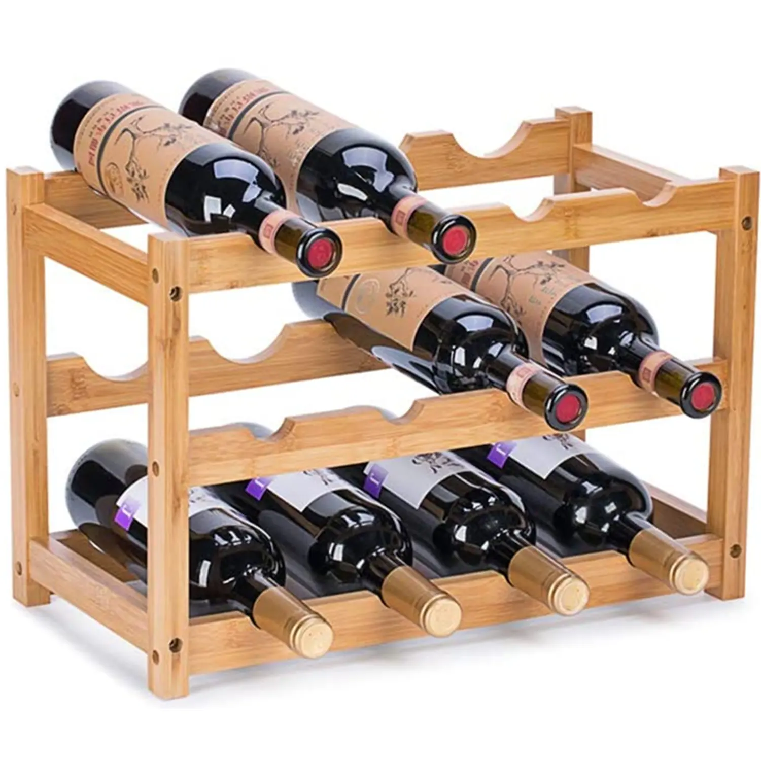 3-Tiers Natural Bamboo Wine Bottle Holder Storage Rack Freestanding Countertop Stackable Display Shelf