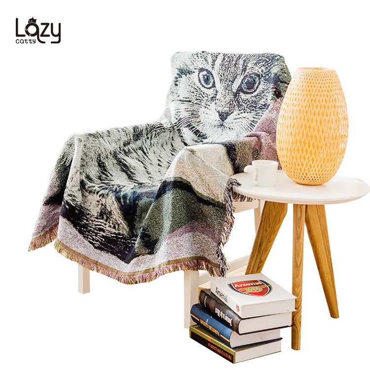 best seller cat printed custom logo polyester cotton woven throw blanket