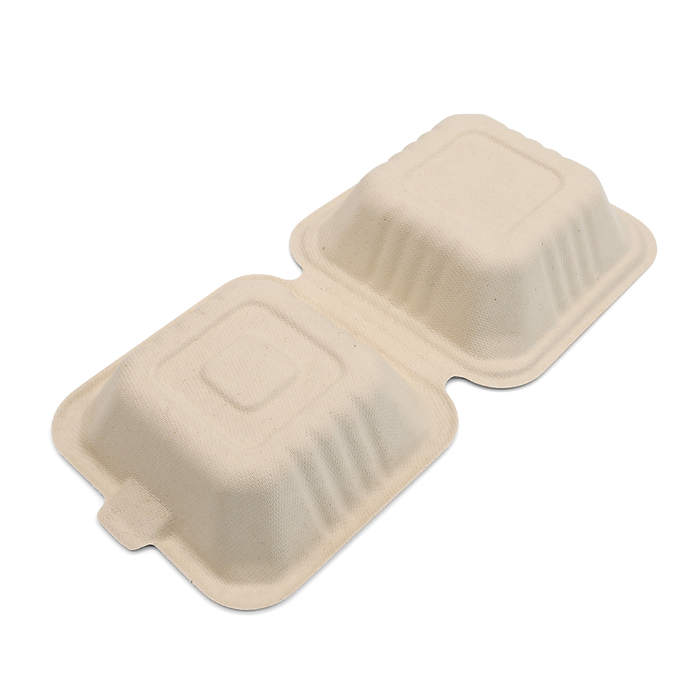 Customizable 500ml Refrigerator   Microwave Safe Biodegradable 6 Inch Sugarcane Bagasse Burger Box Clamshell