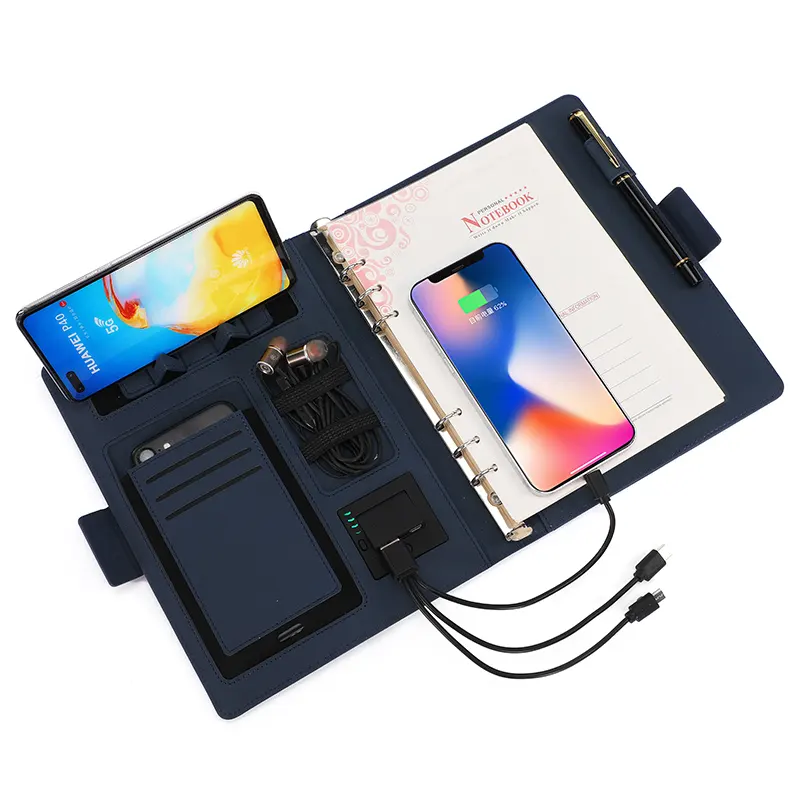 Multi functional notebook wireless charging powerbank notebook fabric leather agenda smart business gift