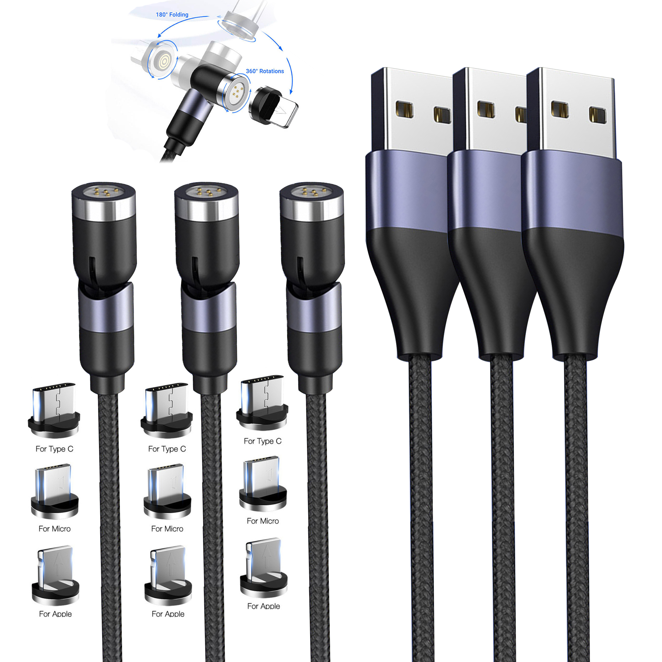 Горячий продукт 6 шт. в подарочной упаковке 5A Магнитный usb-кабель 3 в 1 540 градусов вращения Магнитный зарядный кабель 0,5 м 1 м 2 м 3 м