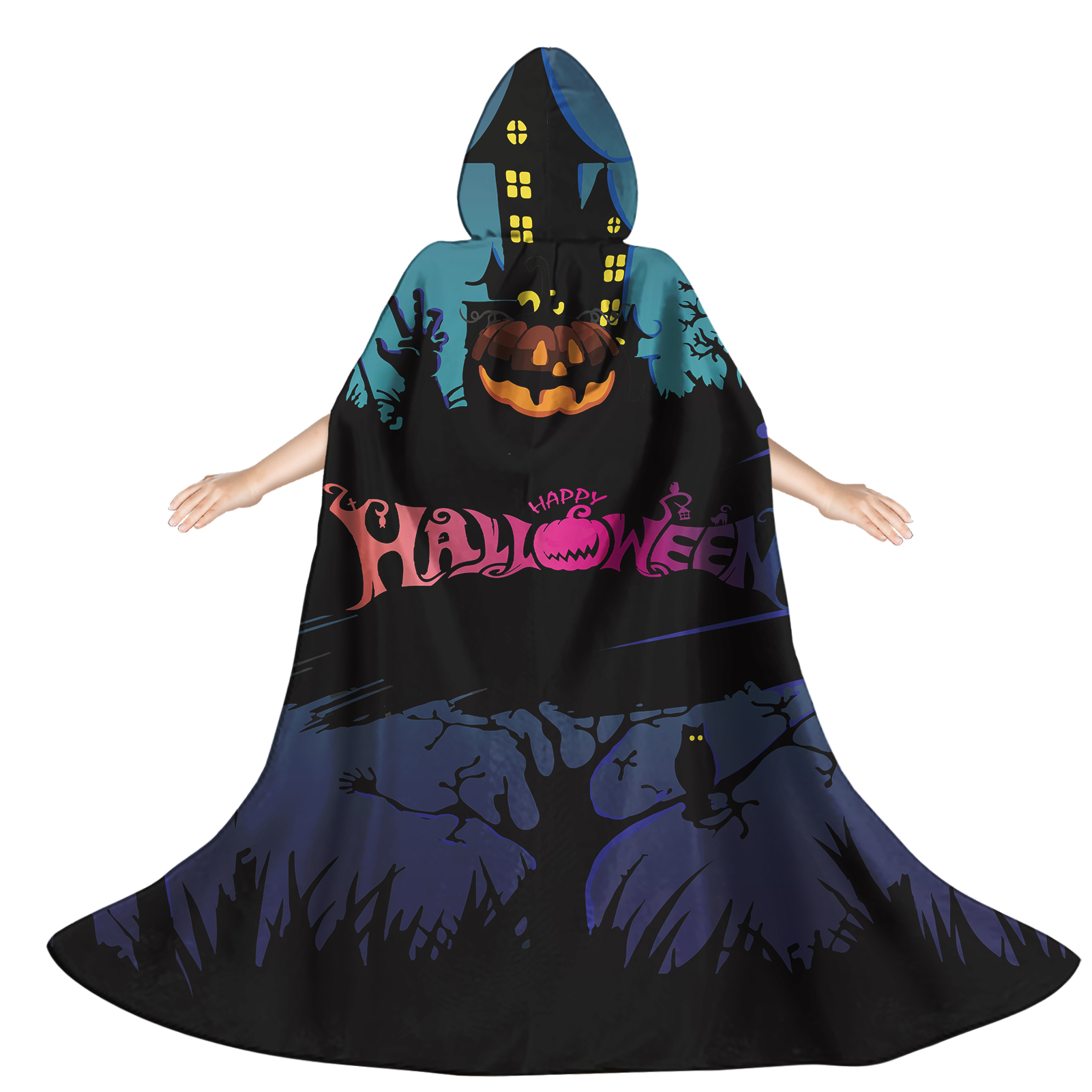 Halloween Party Favors Enchanter Cape Cloak With Hood for Kids Cosplay Pumpkin's Weird Smile Print Body Halloween Decor Supplies