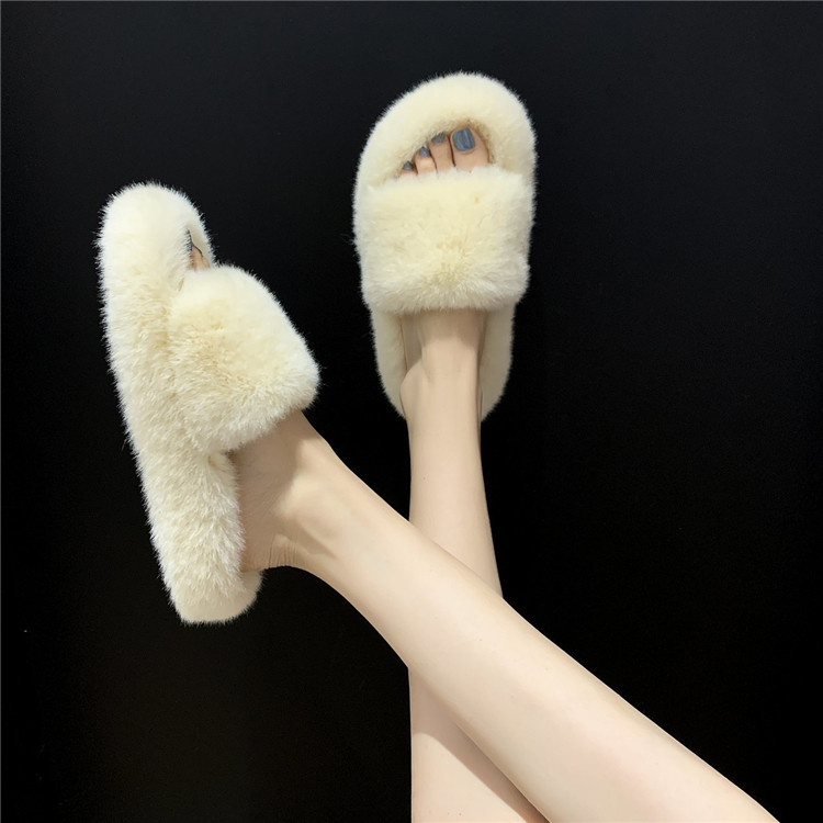 Hot Women Sandles House Furry Slipers Shoes Slip On Flats Female Home Faux Fur Slides Plush Indoor Fluffy Slippers