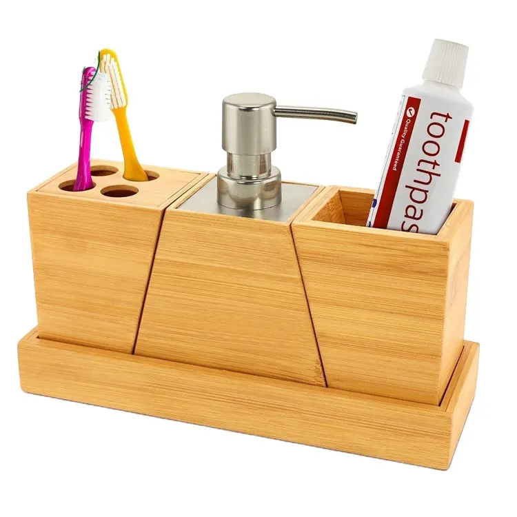 Bamboo 4 Piece Vanity Set Bathroom Accessory Holder with Pump Soap Dispenser, Toothbrush Holder