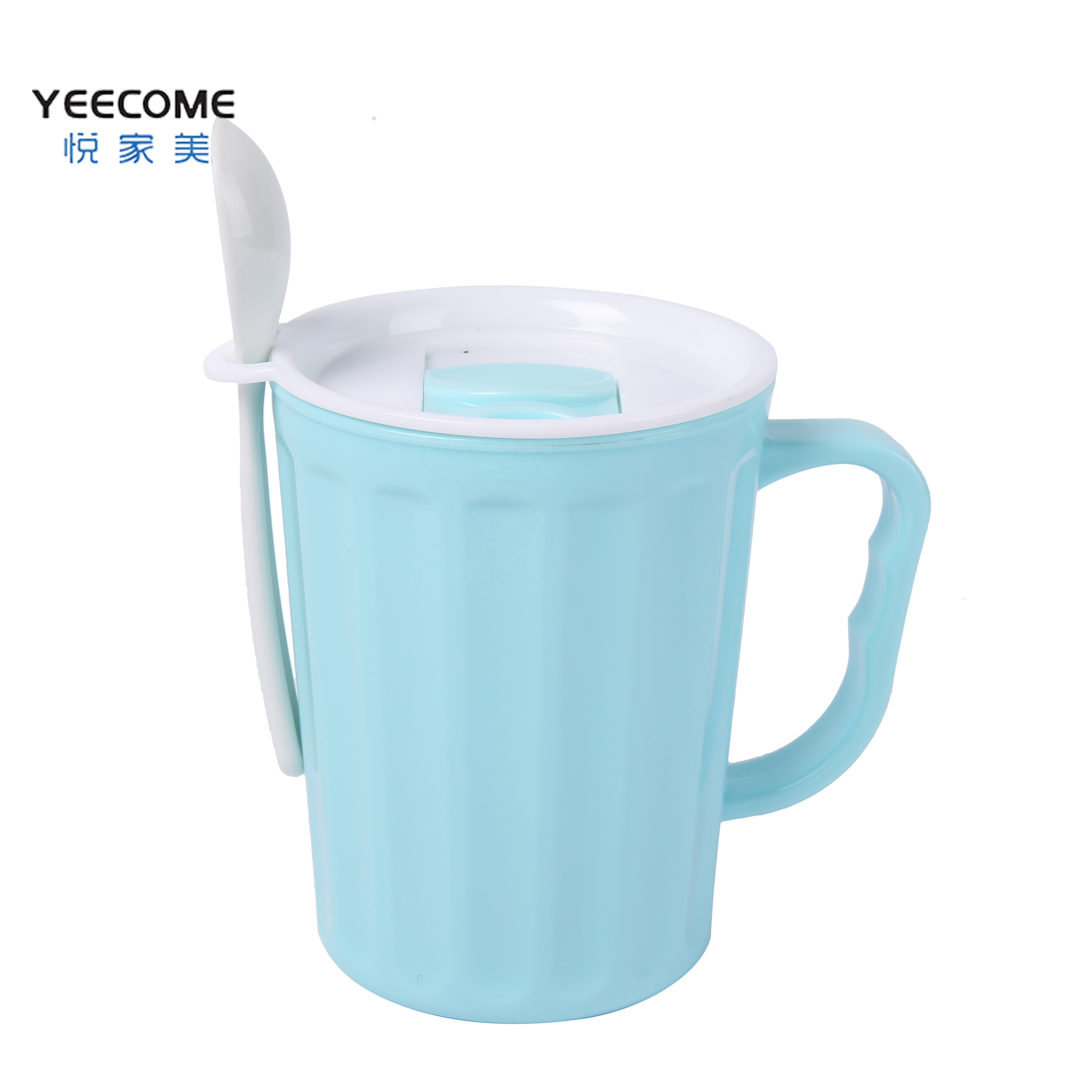 Этикетка Yeecome, пластиковая чашка для кофе с гладкой ручкой, однотонная пластиковая чашка для микроволновой печи, чашка для воды, чашка для супа с ложкой-крышкой