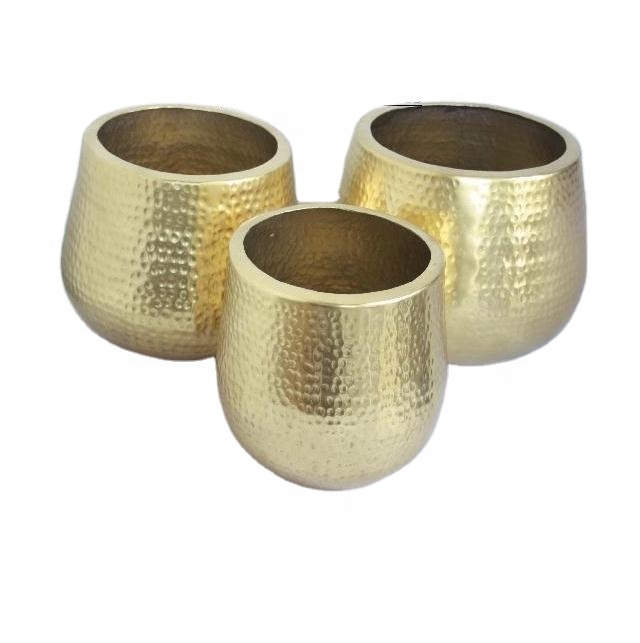 Brass finished eound Hammered planter in three sizes made in Sheet Aluminium