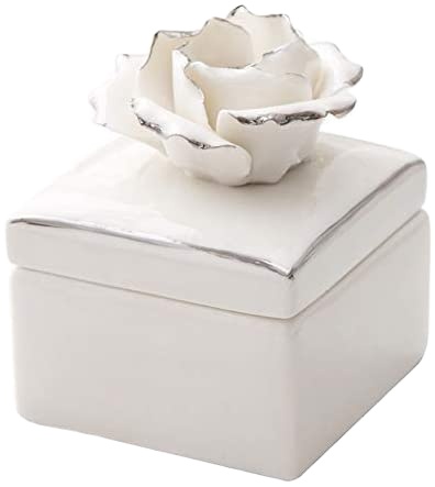 White Ceramic Jewelry Case Ring Holder Trinket Jewel Box with Handmade Gild Edge Ceramic Flower Lid for Wedding Anniversary