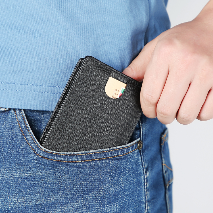 Изготовленный На Заказ Сафьяновая Кожа Мужские Двойные держателя карты RFID маленький передний карман минималистский Тонкий кожаные кошельки с зажимом для денег