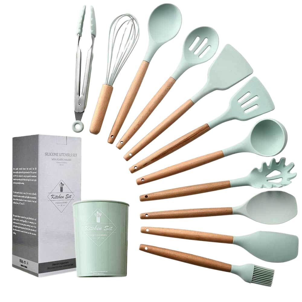 Colorful Household Wooden Handle Silicone Kitchen Utensil Set 11 Piece Utensils Kitchenware accessories Cookware Cooking Tool