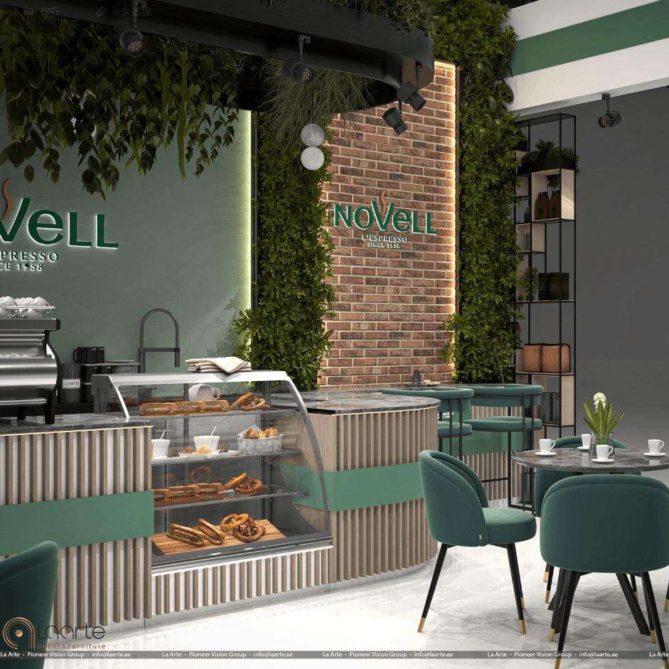 Custom Green Forest Style coffee Shop Interior Decoration Bread Showcase Wooden In-store Seating Coffee Glass Display Counter