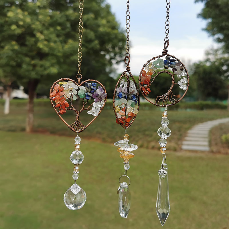 Healing Spiritual Home Window wall Hanging Decor Tree Of Life hanging Chakra Stone Prism Natural Crystal Charm Pendant Ornament