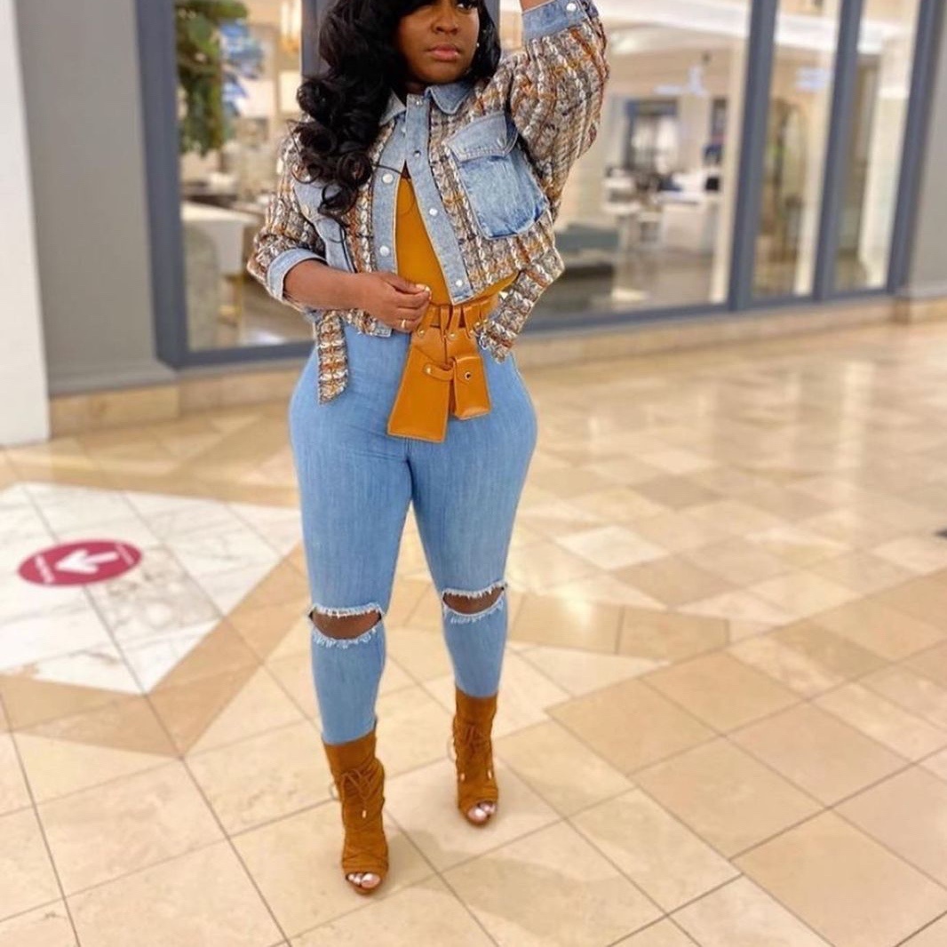 Motorcycle Female Fall Patchwork Denim Jeans Plaid Windbreaker Short Style Designed Winter Clothes Jackets For Women'S Coats