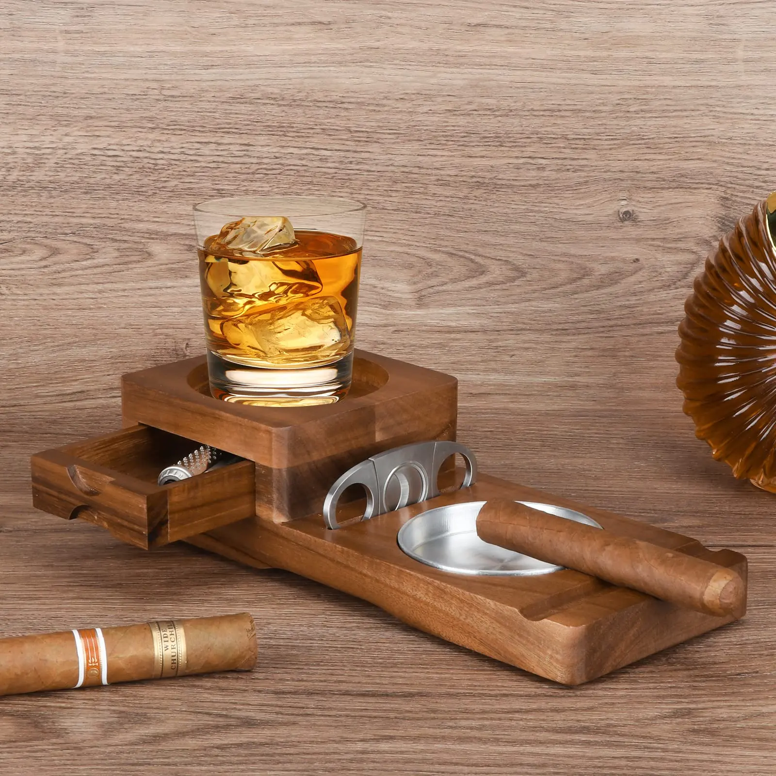 Hot Seller Wholesale Cigar Ashtray Wood With Cigar Cutter Home Office Outdoor Ashtrays Great Cigar Accessories For Men