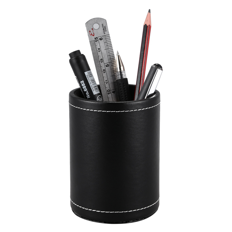 High Quality Fancy Office Leather Round Pen Container For Table Gift Stationery Desk Organizer Pen Holder