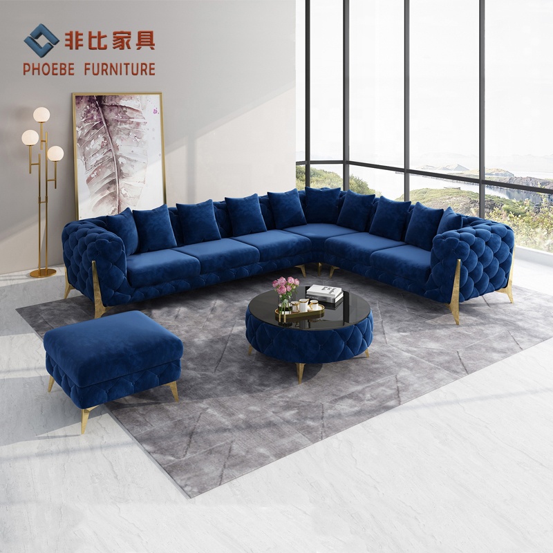 Роскошный традиционный розовый синий бархатный L-образный диван chesterfield, наборы мебели для гостиной с золотыми ножками