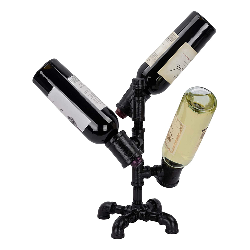 High Quality Metal Pipe Tabletop Wine Rack Display Industrial Matte Metal Pipe Black Powder Coating Bottle Rack