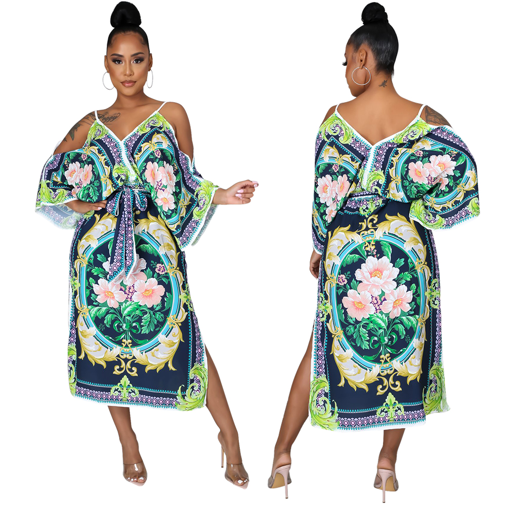 Ins Hot Selling Spaghetti Strap Slit Sleeve Bohemian Floral Women Elegant Casual Dress For Ladies Vestido De Flores