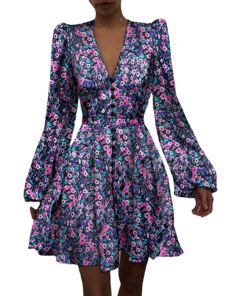 2021 summer new design Korean printing casual lantern sleeve women's zipper tight dress shorts zipper dress