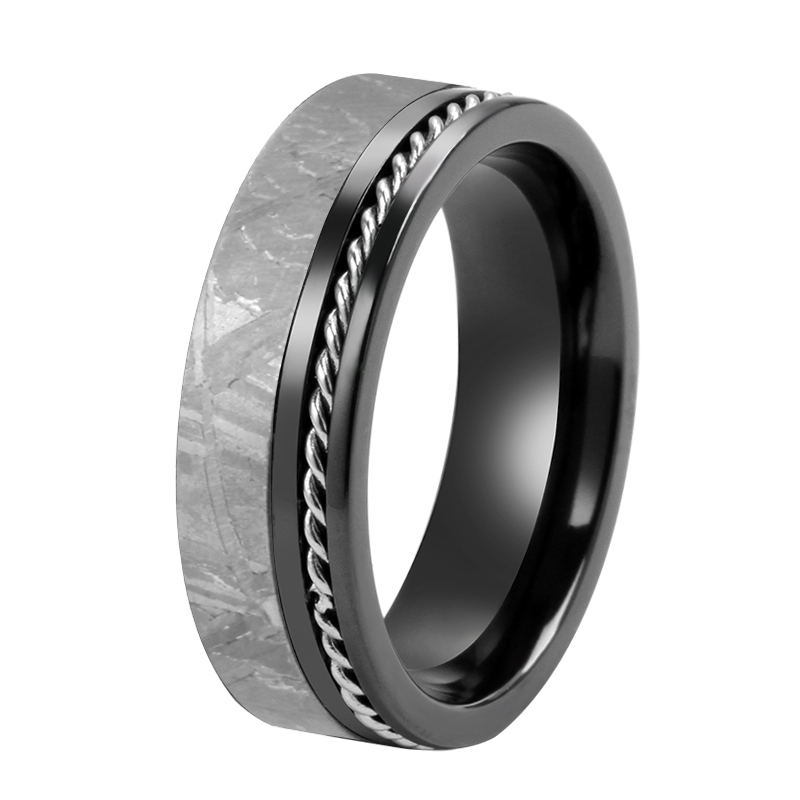 Comfort-Fit High-Tech Black Zirconium Wire Cable Inlay With Genuine Muonionalusta Meteorite Black Tungsten Ring