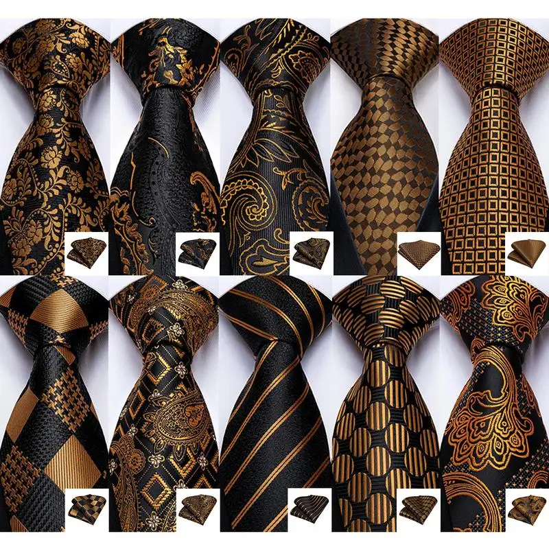 Wholesale High Quality Jacquard Black Gold Silk Tie Men Neckties with Pocket Square