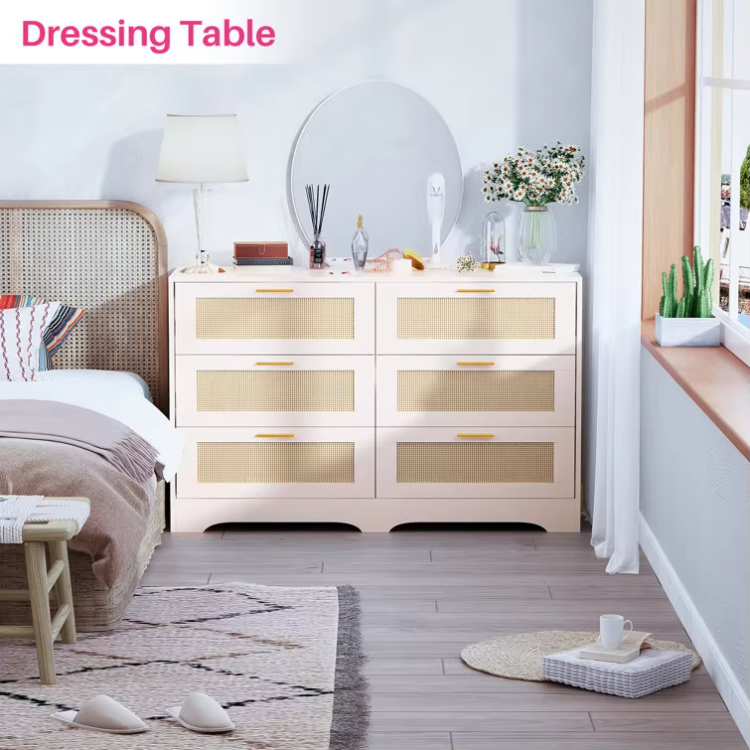 High Quality Customized Manufacturer Rattan Box Cabinet Organizers Wooden 6 Storage Drawer Dresser Bedroom Home Furniture