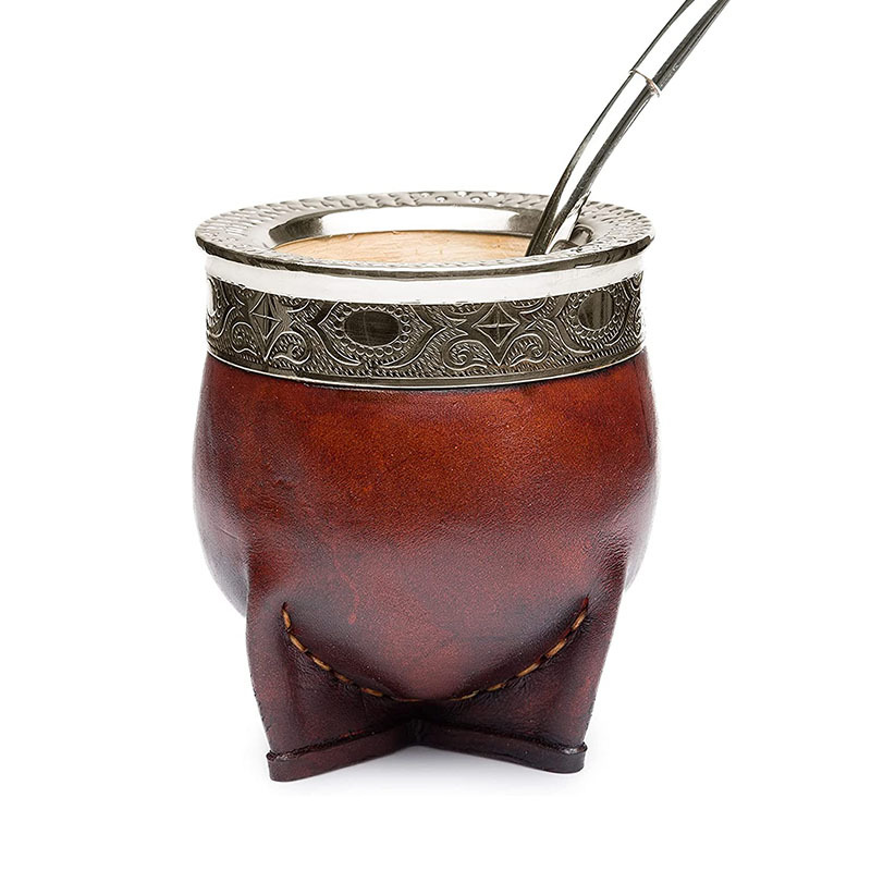 Yerba Mate Cup With Leather Shell Insulated Gourd Mate Tea Cup With Bombilla Straw Set