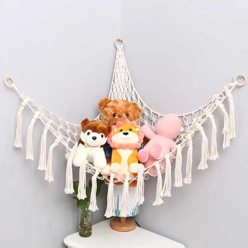 Custom Color Hanging Toy Organizer Net Holder Macrame Boho Tassels Hammock Net Stuffed Animal Storage Hammock