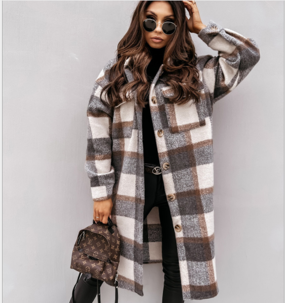 2021 Winter Plaid Long lapel Coat Cotton Fashion Women Long Sleeve Loose Pocket Ladies Casual Jacket Elegant Blouse Shirt