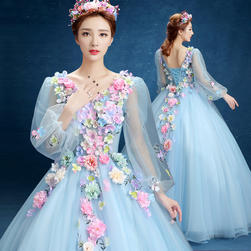 New wedding dress stage art exam solo performance costume tutu skirt long female photo studio color yarn host evening dress