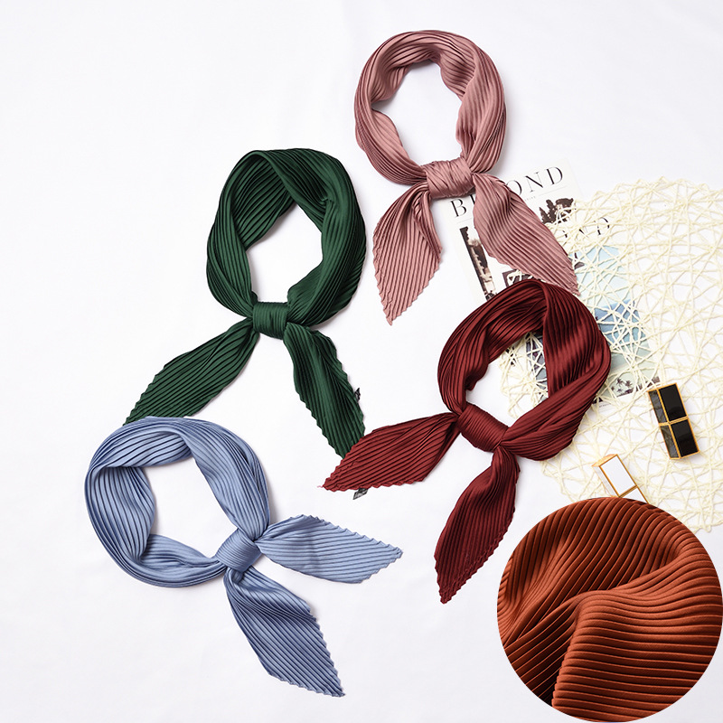 Monochrome pleated square scarf women's versatile diamond small scarf decorative small silk scarf