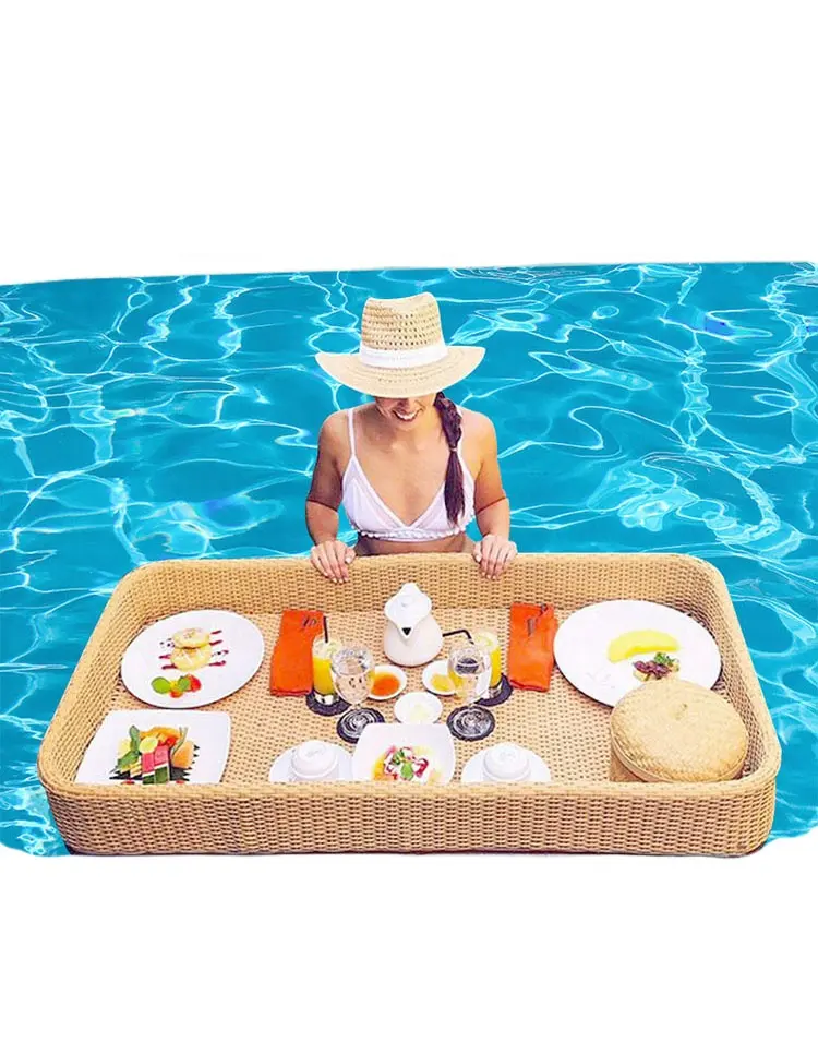 Breakfast water basket outdoor rattan party serving swimming floating pool tray wholesale