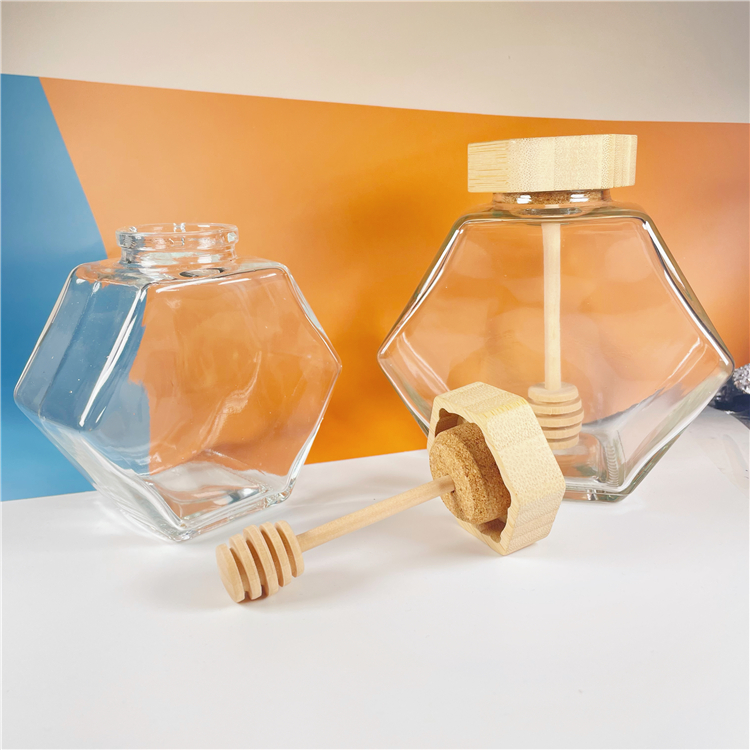 220ml 380ml Hexagon glass food honey storage jars with wooden rod