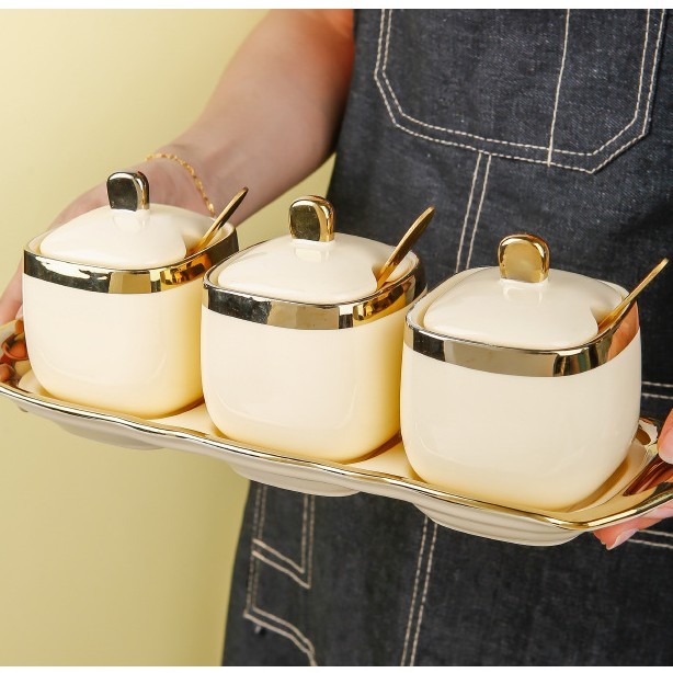 3 PC Set Salt Pepper Seasoning Storage Pot With Tray Kitchen Spice Organizer Spices Jar Container Set
